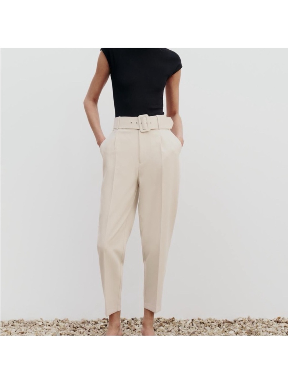 Zara High-Waist Belted Tapered Trousers - Cream